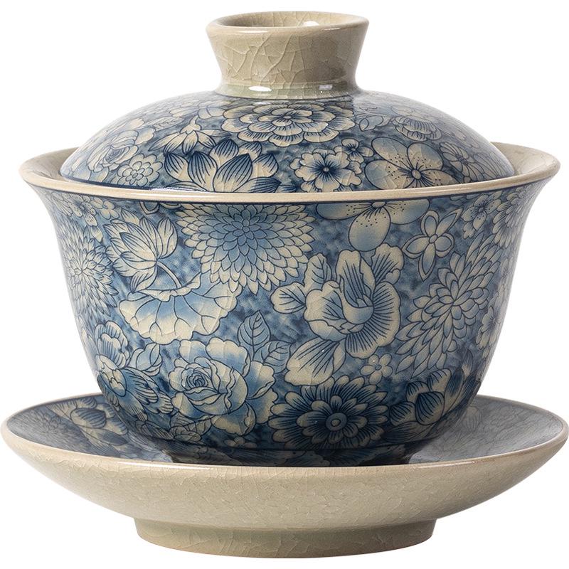 Blue and White Porcelain Ru Kiln Tea Set – Retro Lidded Bowl Tea Cup with Blossoms, Anti-Scald Design for Brewing Tea