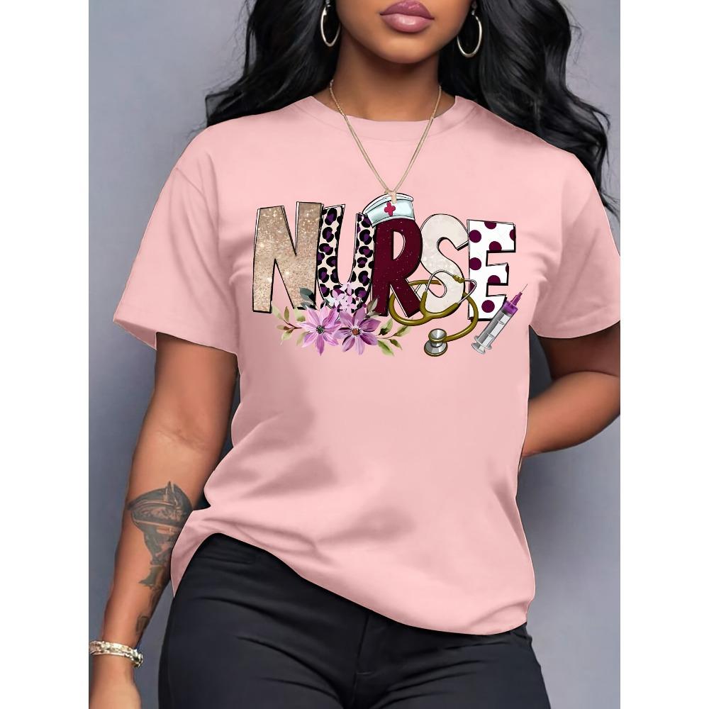 Women Cotton Short Sleeves T-shirts Floral Leopard Nurse Women's Tee Cute Medical Graphic Casual Healthcare Top