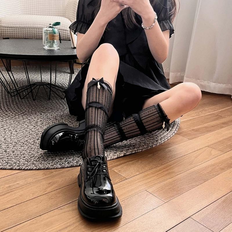 Womens Knee Length Lacy Edge Sock Bows Tie Stocking Bows Tie Long Fishnet Mesh Ballet Style Dance Sock for Summer