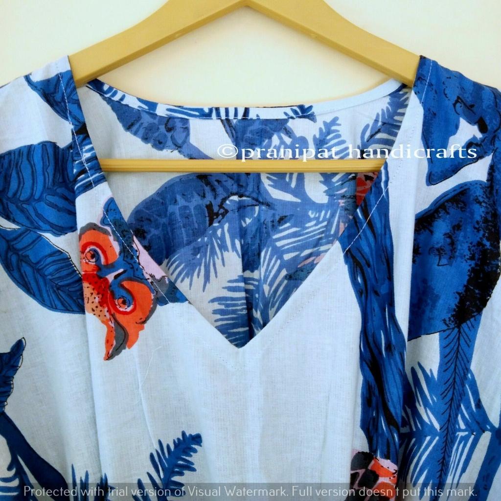 Damen Baumwoll-Nachtwäsche Blau Lang Eulen-Print Übergröße Maxi Überwurf Kaftan Kleid CKFTN-SCRN-FULL-BUYIT-051