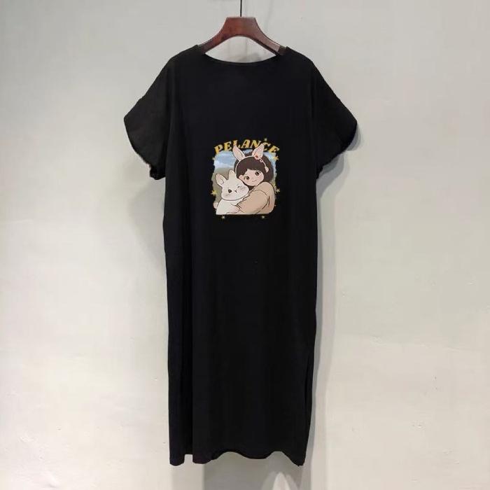 New Summer Short-sleeved Dress, Korean Casual and Laid-back Style T-shirt Dress, Loose Large-sized Over-the-knee Long Dress