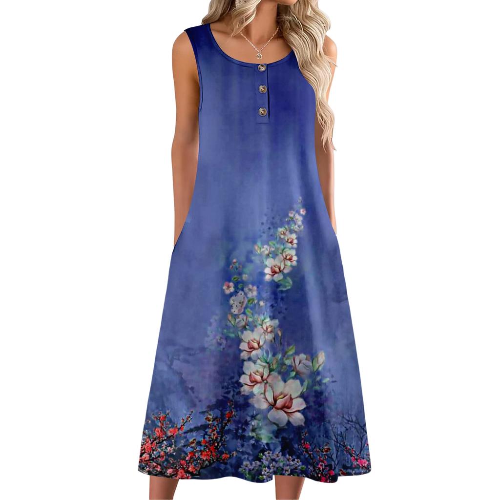 Women's Fashion Casual Sleeveless Button Floral Print Dress with Pocket