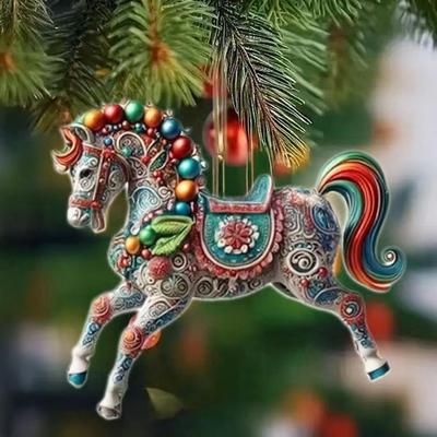 Horse Christmas Ornaments Glitter Rhinestone 2D Flat Acrylic Car Rear View Mirror Charm for Holiday Home Decor