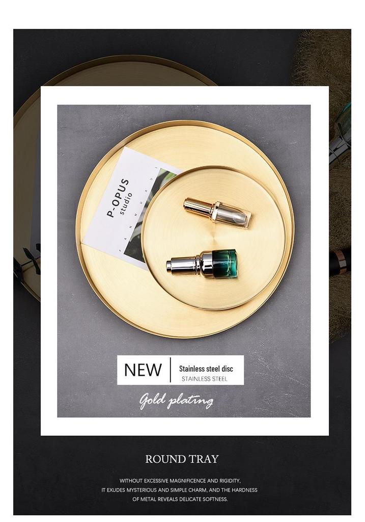 Luxury Gold Stainless Steel Round Tray for Cosmetics, Storage, and Desserts