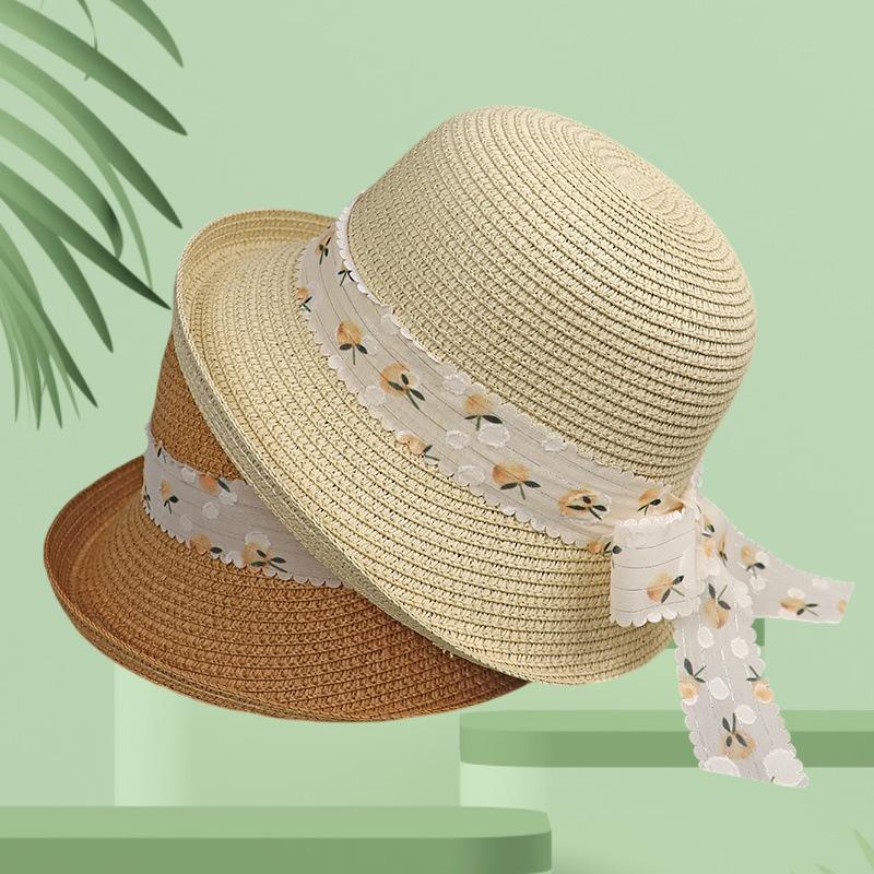 French Straw Hat Female Summer Sweet Cute Girl Floral Lace Strap Curled Sun Hat Seaside Beach Photo