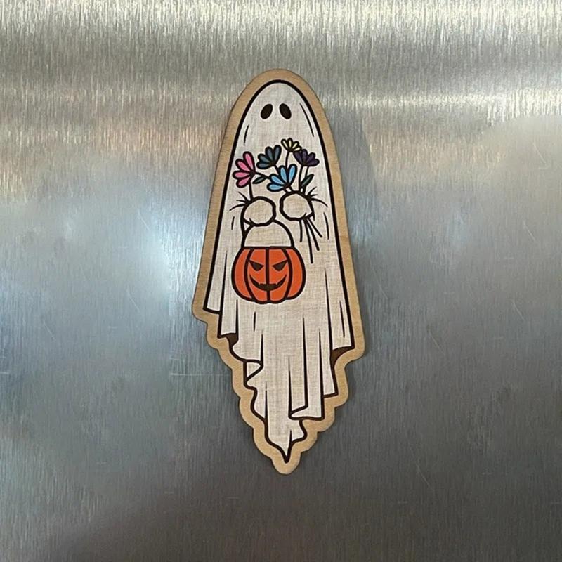 Set Of 7 Vintage Cartoon Wood Ghostly Refrigerator Magnets Halloween Kitchen Accessories for Festivals Party Ornaments