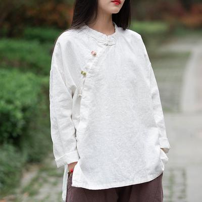 Spring and Summer Cotton and Linen Women's Retro Stand-up Collar Partial Lapel Color Matching Sand Wash Plate Button-up Long-sleeved Women's Shirt
