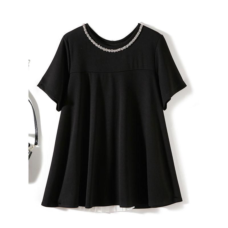 Beaded! Export Single for Women Summer Ice Cotton round Neck Short Sleeve and Long Pattern Sanzhai Ruched Patchwork T-shirt Strong Push