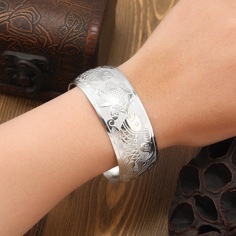 Bohemian Ethnic Style Retro Silver Wide Bracelet For Women Carved Flower Opening Fashionable Bracelet Boho Vintage Jewelry