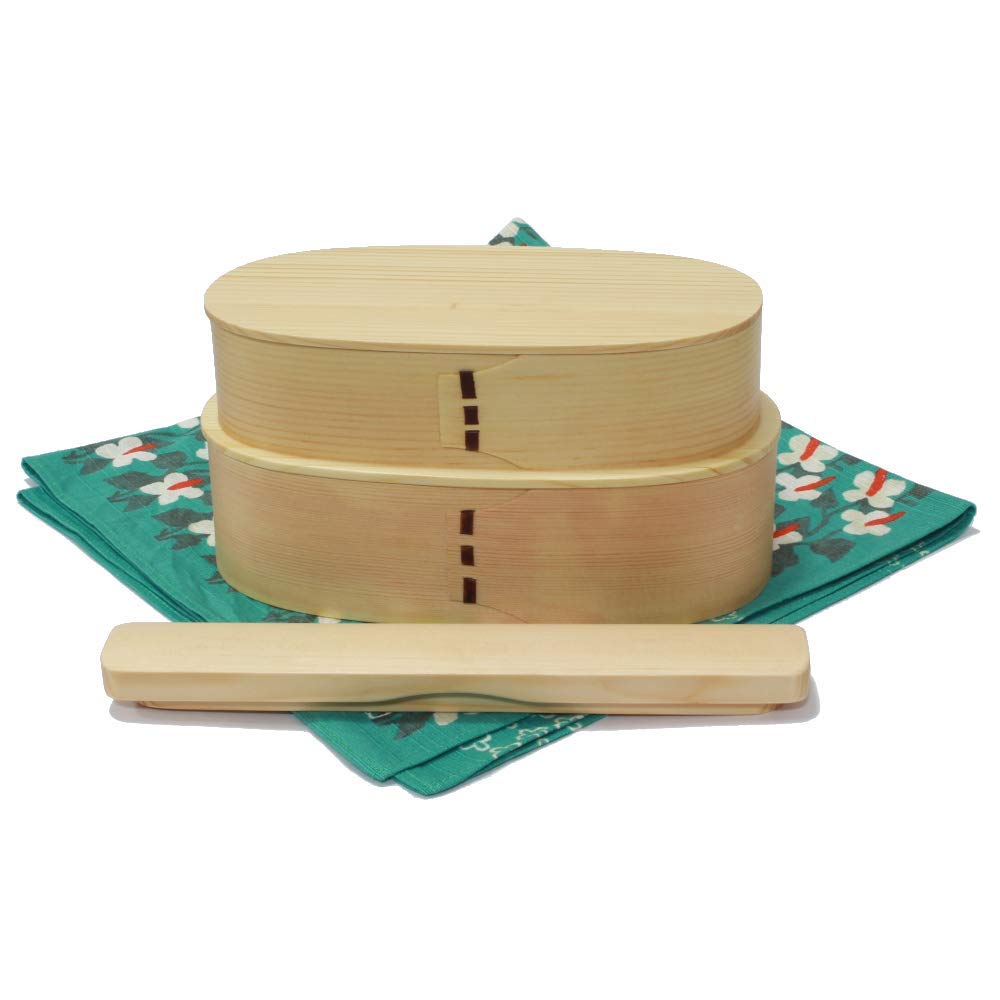 

Magewappa Bento Box Urethane Painting 1000ml Wooden Chopstick Kyoto Furoshiki Yotsuba Todokudami Green [Natural Cedar] 2-tier (Lunch Box, Chopsticks,
