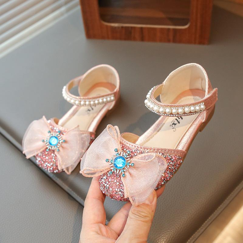 Girls Sandals Lace Mesh Bow Shiny Crystal Kids Princess Shoes for Summer 2025 Brand New Children Fashion Shoes Ins Sweet Trendy