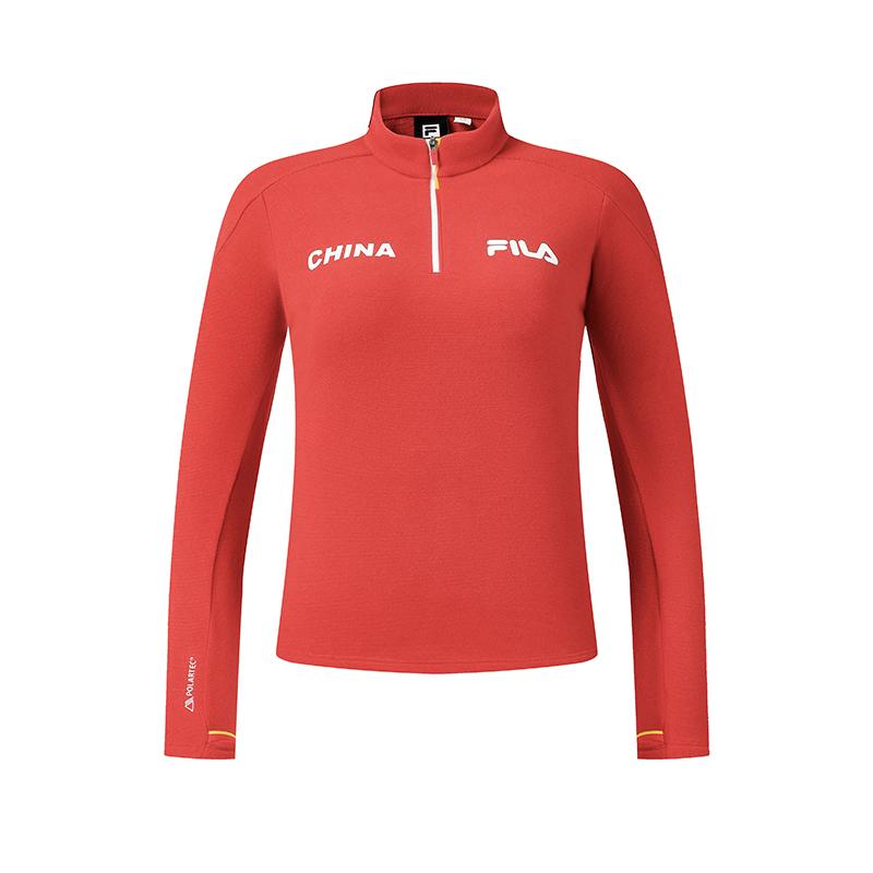 Fila Explore Simple Personality Sports Training Outdoor Comfortable Ribbed Fleece Warm Half-Zip Long Sleeve Slim T-Shirt Women tops A11W617212FRD