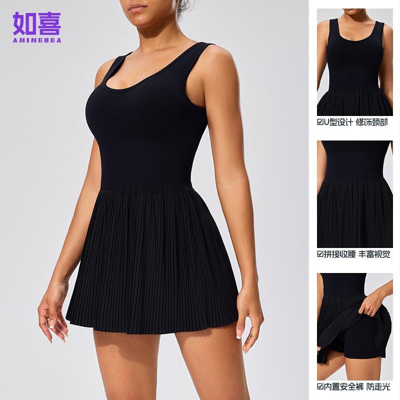 Womens Seamless Tennis Skirt Set With Built-in Shorts Yoga Running Golf Sport Fitness Workout