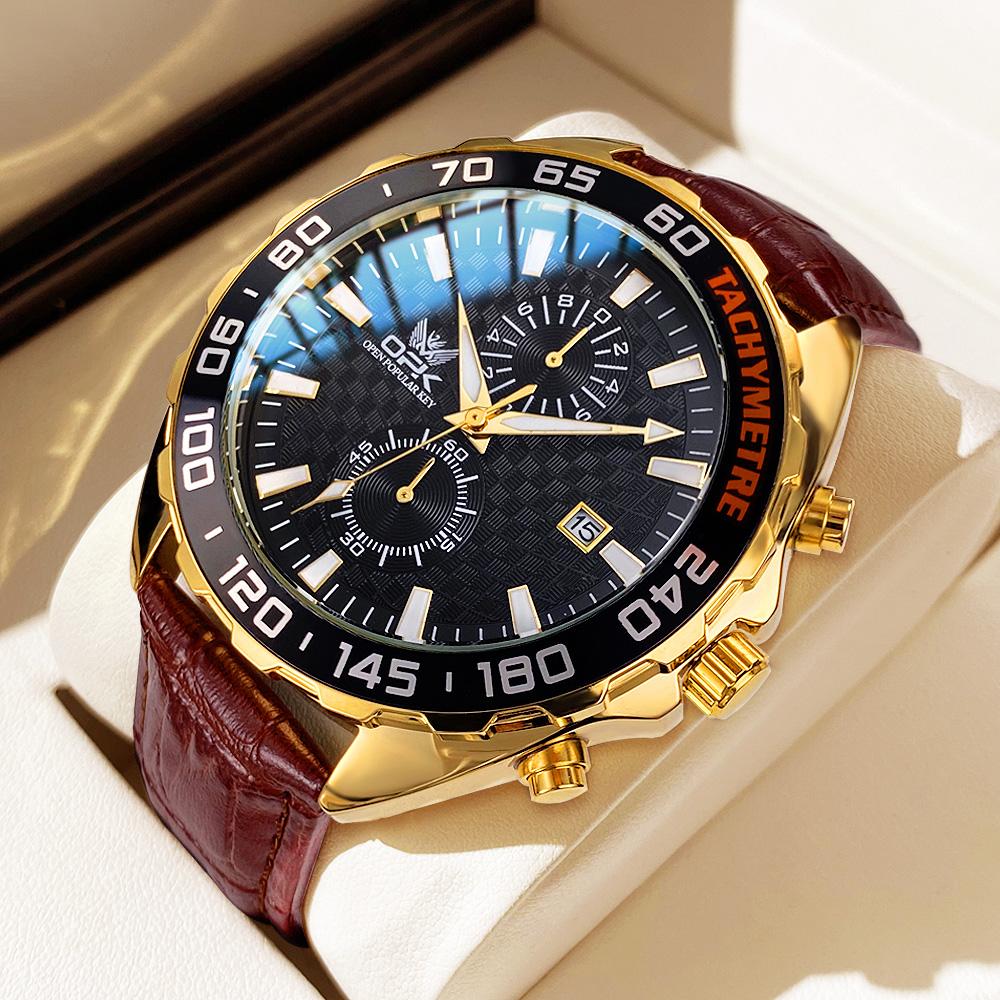 OPK 8163 Quartz Watch for Man 46mm Big Dial Leather Strap Tachymeter Auto Date Chronograph Men's Watches Waterproof Sports Watch