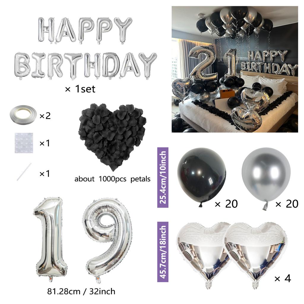 Black Silver Party Birthday Banner Heart-Shaped Aluminum Foil Balloon Rose Petals, Birthday, Anniversary, Atmosphere Decoration