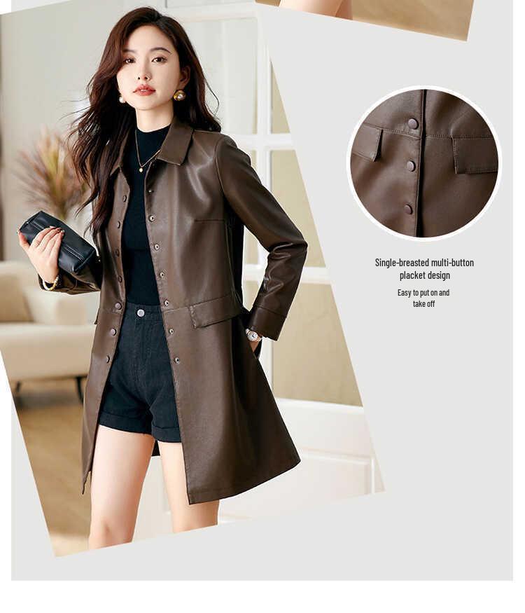 Women's High-End Slimming Lambskin Leather Jacket - Mid-Length Coat for Spring and Autumn