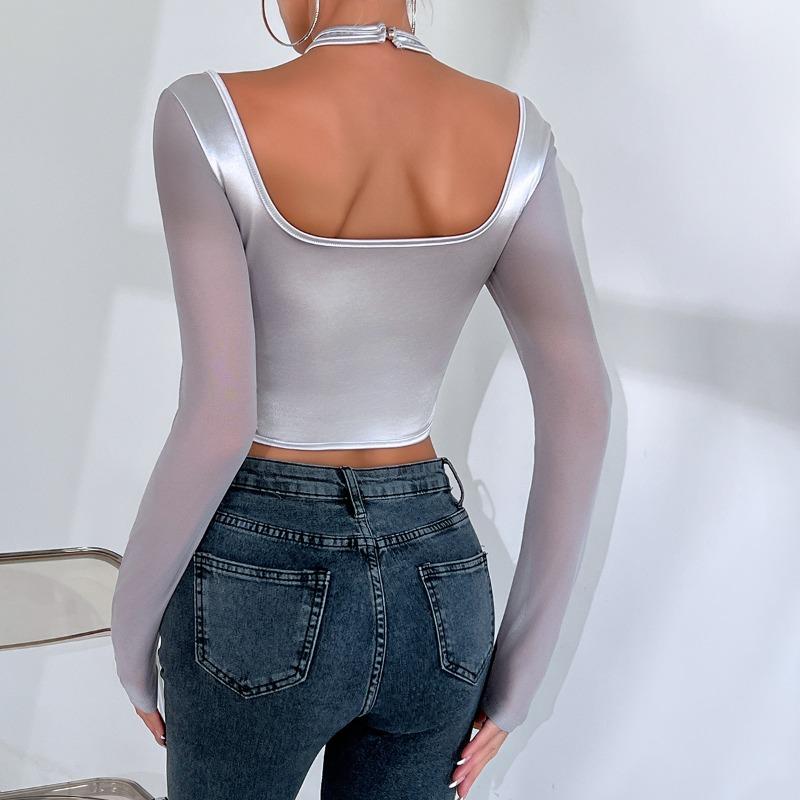 Streetový krátký sexy Y2K crop top pro ženy síťovaný patchwork halter s dlouhým rukávem halenka top pro ženy módní jednobarevný elegantní slim fit dámské tričko 24431
