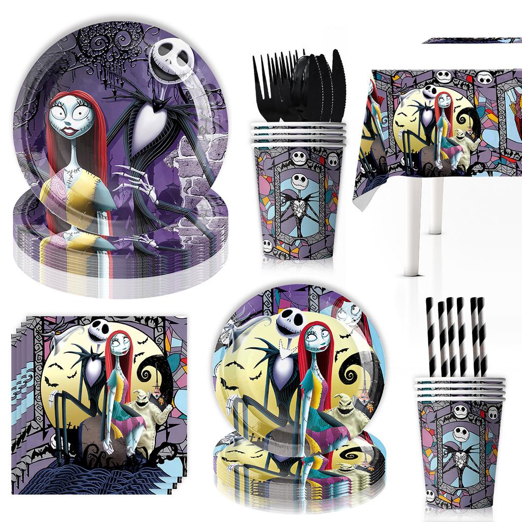 6-piece Set 66P Nightmare Before Christmas Decoration Party Supplies Gift Bag Kids Disposable Tableware Tablecloth Plates Cups N