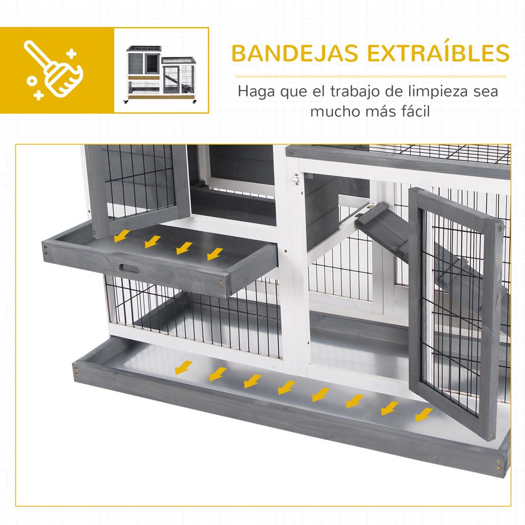 Wooden Rabbit Hutch with Wheels for Indoor Use, 2-Story Cage with Ramp and 2 Removable Trays, 110x50x88cm, Grey