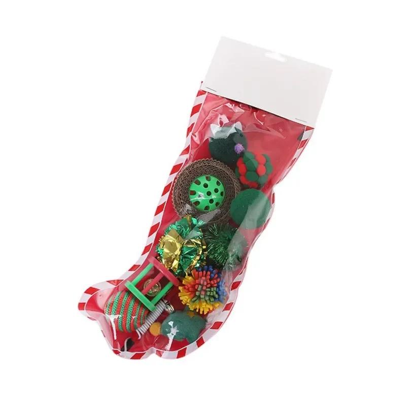 Cat Toy Christmas Stocking Shape Set Plush Gift for Pets with Knotted Rope Toy Cat Toy Interactive Stick Feather Wand Toys Gift