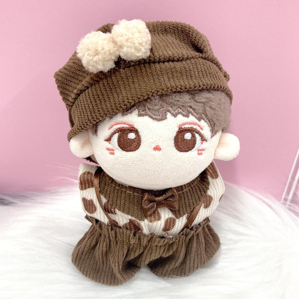 Pompom Brown Plush Clothes [Hat, Shirt, and Pants Set] for 10cm Plush Toy, Kigurumi Accessories, Otaku Activities, Doll Mascot, Kpopdoll Costume