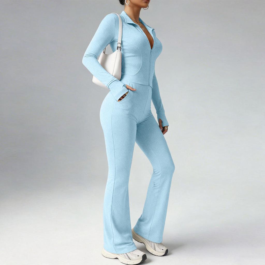 Women’s Long Sleeve Zip Up Ribbed Jumpsuit One Piece Flared Pants Fitted Stretchy Collar Bodysuit for Daily Wear