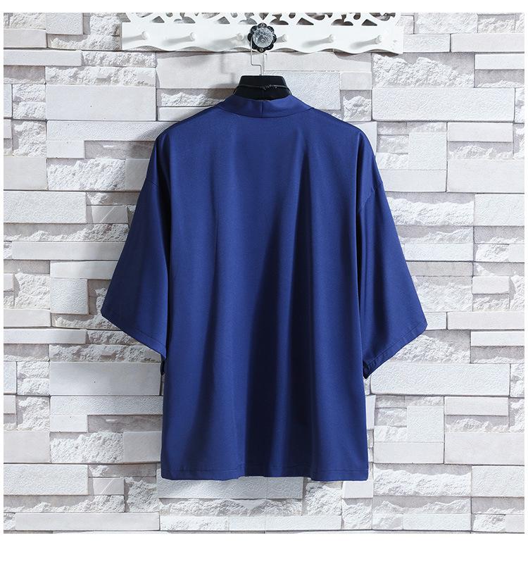 Men's Casual Seven-Sleeve Ice Silk Cardigan, Chinese Style, Solid Color, Plus Size