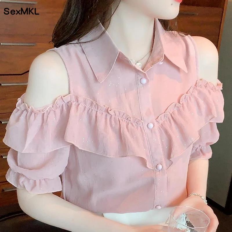 

Women Off Shoulder Tops Shirts Summer Korean Fashion Clothes Casual White Pink Blusas Feminina Ruffles Sexy Chiffon Blouses XXXL рожевий