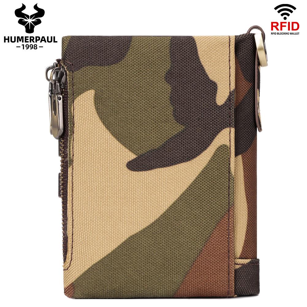 HUMERPAUL Men cowhide wallet Oxford cloth RFID anti-theft credit card bag coin purse with chain wallet with photo window