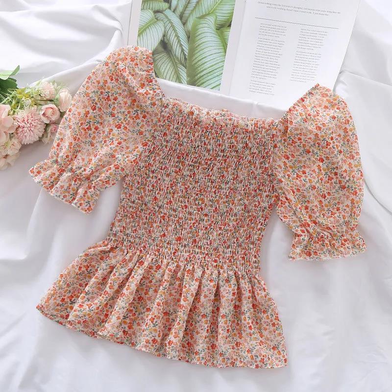 Women's Puff Sleeve Chiffon Shirt Off Shoulder Square Neck T-Shirt Slim Fit Women's Floral Top  Womens Blouses