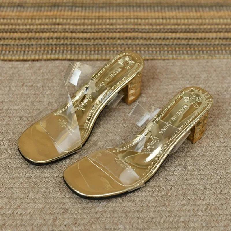 

Модные летние босоножки 2024 года на мягкой платформе для женщин, модные прозрачные босоножки на высоком каблуке из ПВХ, женские новые прозрачные тапочки на квадратном каблуке 34 золотой