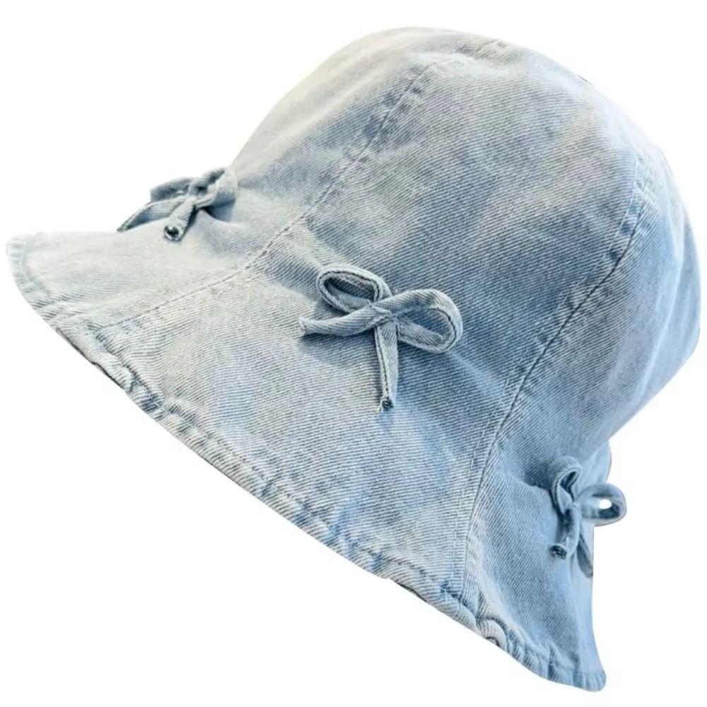 Korean Style Denim Bucket Hats Bowknot Sunscreen Hat Fashion Bow Fisherman Hat  Travel