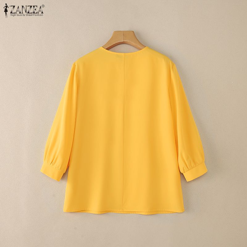 ZANZEA Women Casual Round Neck Solid Color 3/4 Sleeve Loose Blouse