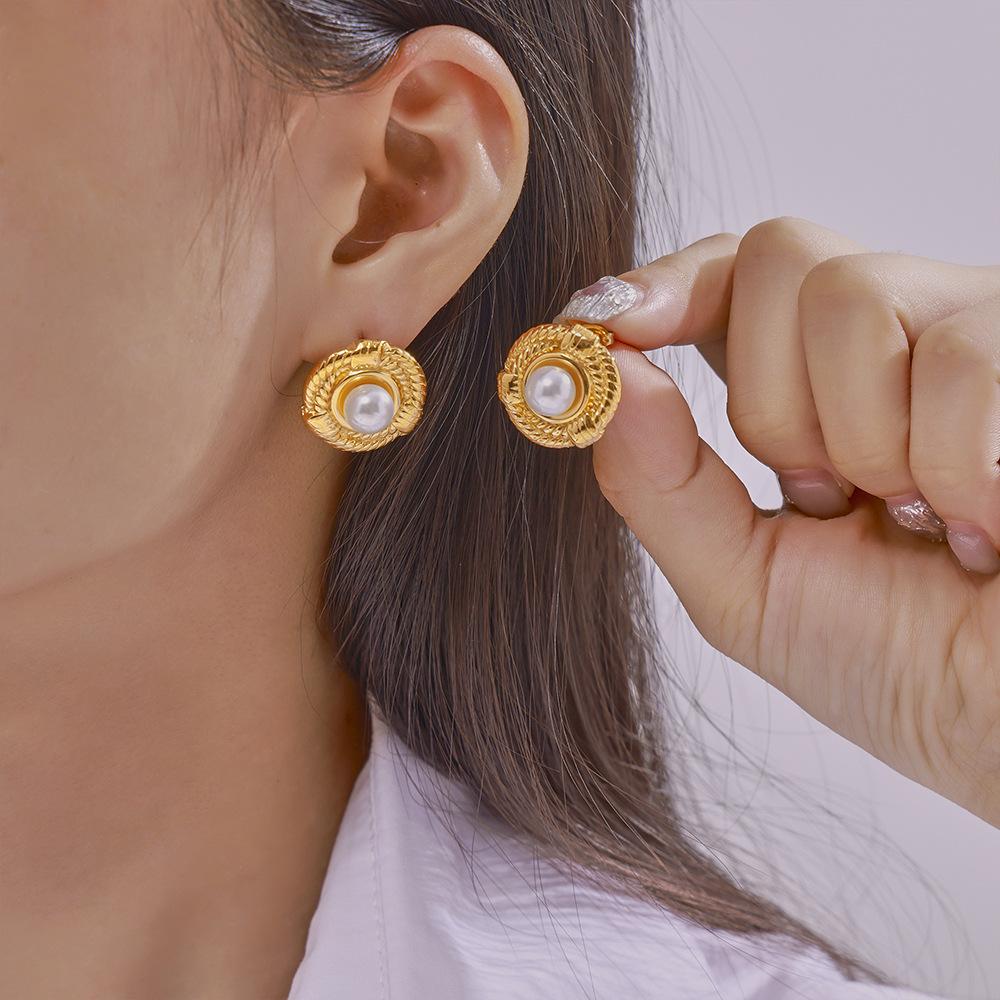 Style Niche Retro Geometric Line Twist Design Sense Earrings Round Brand Inlaid Shell Beads Titanium Steel Gold-Plated Stud Earrings