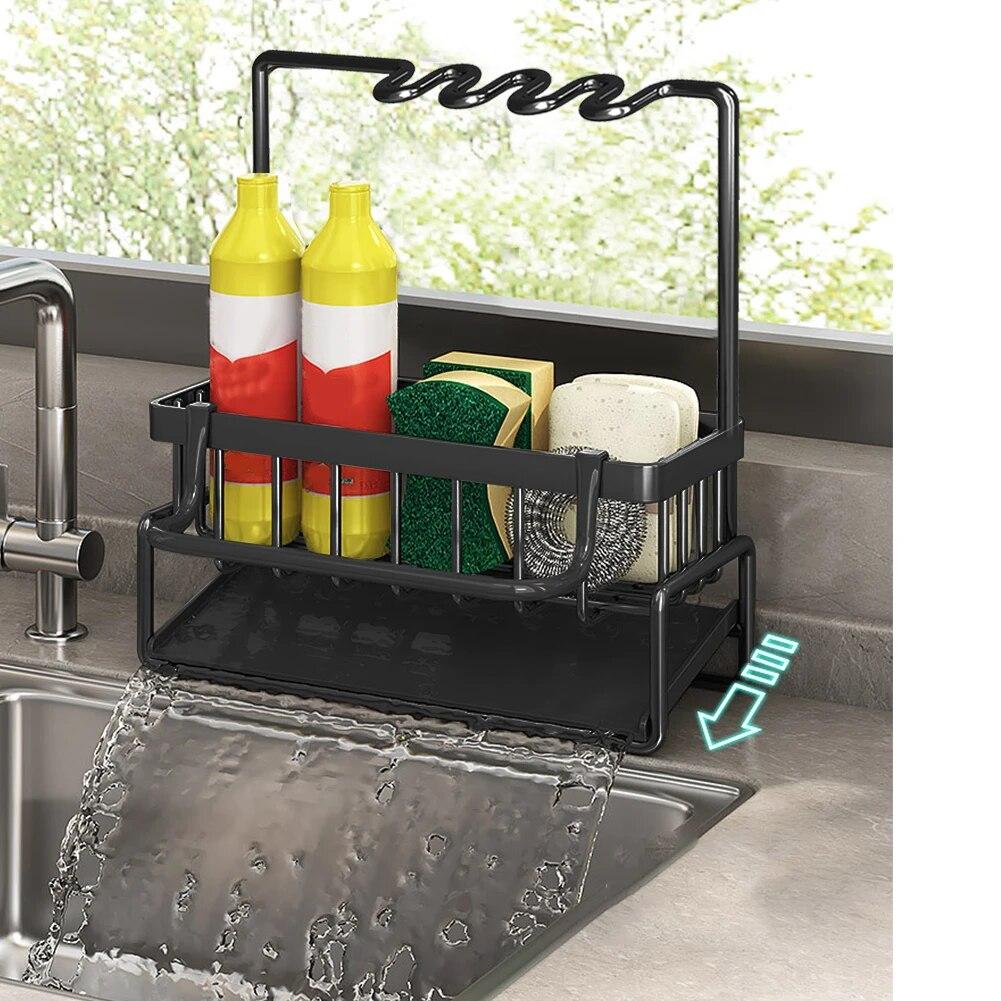 Kitchen Sink Rack Organizer Kitchen Sink Sponge Holder With Self-draining Tray Dish Soap Scrub Dishcloth Shelf Stainless Steel