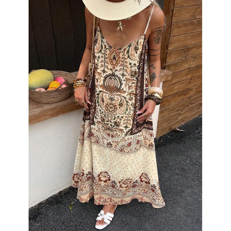 Retro French casual fashion temperament vacation ethnic style V-neck sleeveless long dress women S