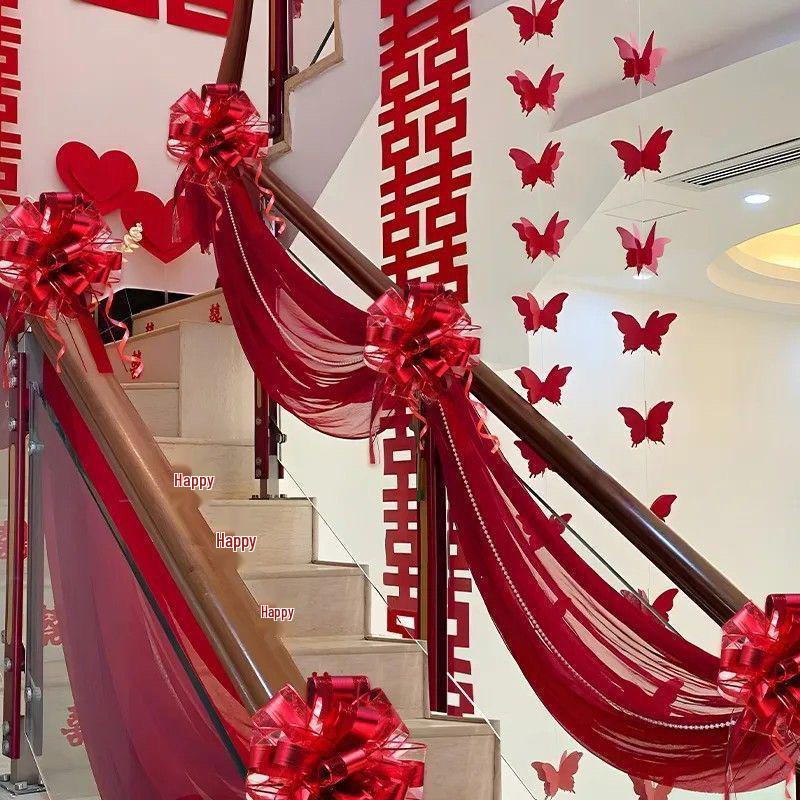 Red Elastic Milk Silk Wedding Decoration Cloth for Stair Railings, Hallway, and Indoor Ceilings