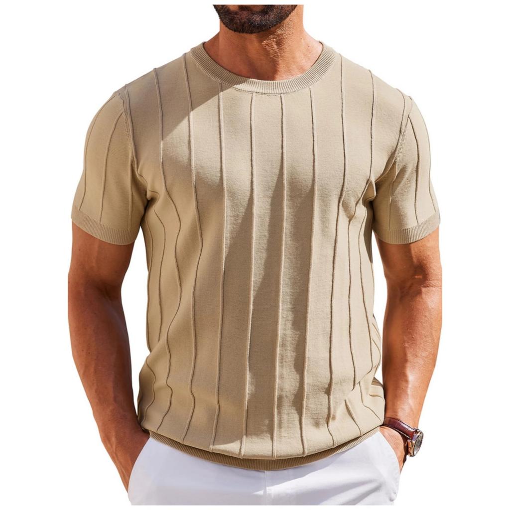 Neuer Herren-Strickpullover mit kurzen Ärmeln, Hochwertiges vertikal gestreiftes T-Shirt-Top für Herren mit hohem Halsausschnitt