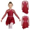 Long Sleeve Cutout Back Asymmetrical Hem Mesh Patchwork Dress with Rhinestones for Girls Figure Skating Competition Stage Show