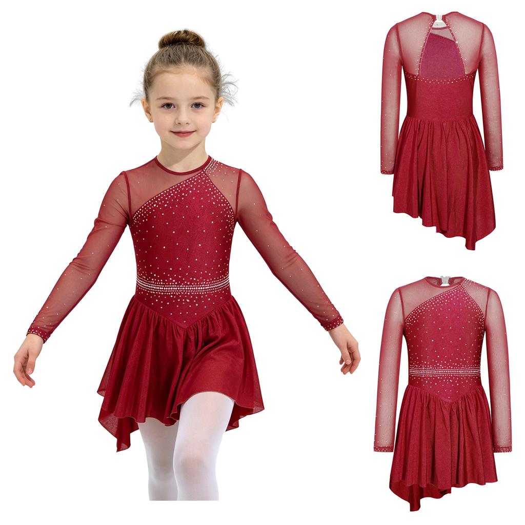 Long Sleeve Cutout Back Asymmetrical Hem Mesh Patchwork Dress with Rhinestones for Girls Figure Skating Competition Stage Show