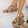 Fashion Leisure Gold Glitter Straps Slides Women 2025 Summer Chunky Platform Wedges Slippers Women Round Toe High Heels Sandals Women