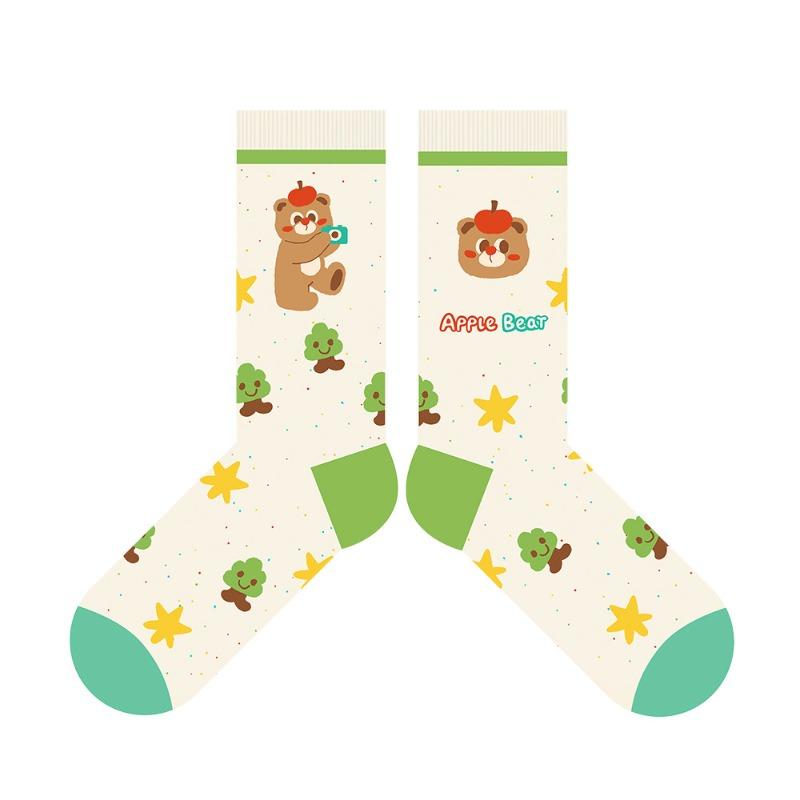 Cute Striped Apple Teddy Bear Mid-calf Cotton Socks - Pile-style Winter/spring Children s Cartoon Sports Socks 1 pair
