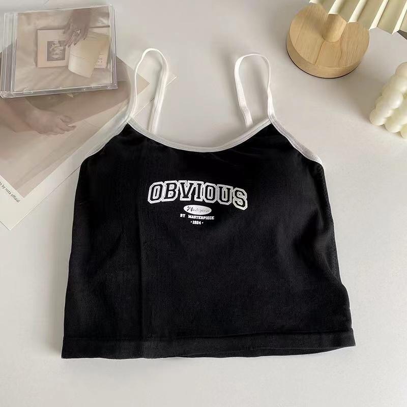 

Женские укороченные топы с бюстгальтером с подкладкой, однотонные укороченные топы с круглым вырезом, летние топы с буквенным принтом 2024 года, спагетти-камисоль One Size