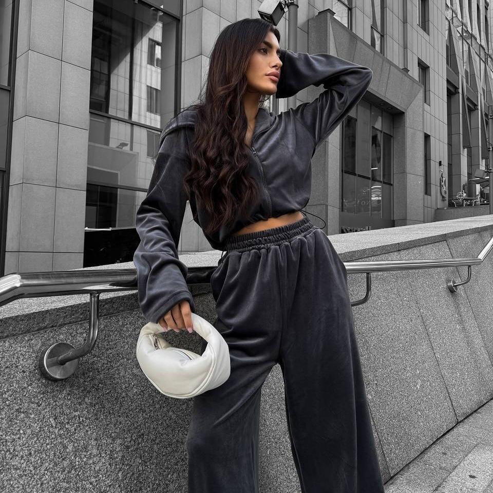 European and American style velvet hooded suit women's short jacket high waist wide leg pants relaxation casual two-piece suit women