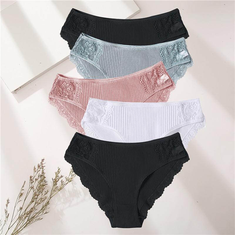 FINETOO 5PCS/Set Women Cotton Underwear Panties Floral Lace Soft Intimates Underpant For Woman Sexy Ladies M-XXL Lingerie Panty