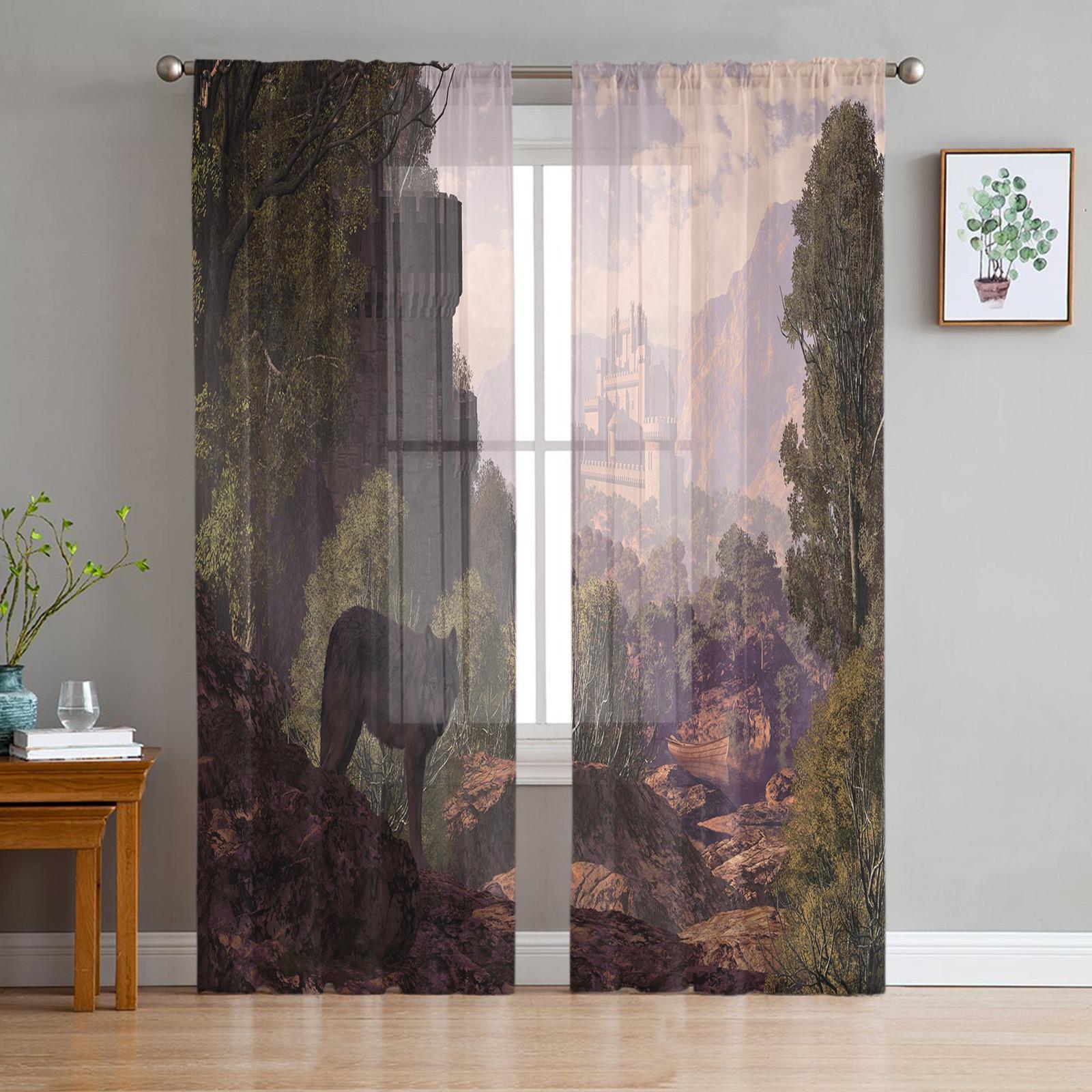 

Pink Cartoon Castle White Tulle Translucent Window Opening Drapes for Living Room Bedroom Space Modern Tulle Voile Curtains Curtains Decoration 1 PCS W100XH250cm&Rod Pocket