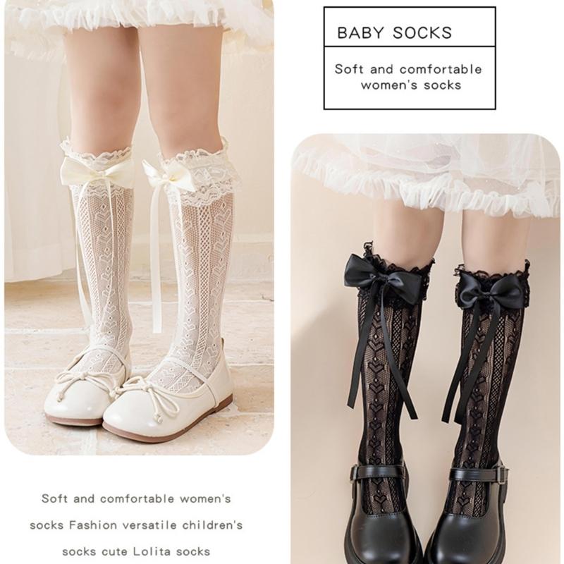 Girls Knee Socks Bowknot Ribbon Socks Stockings for Girl Student 3-16 Year