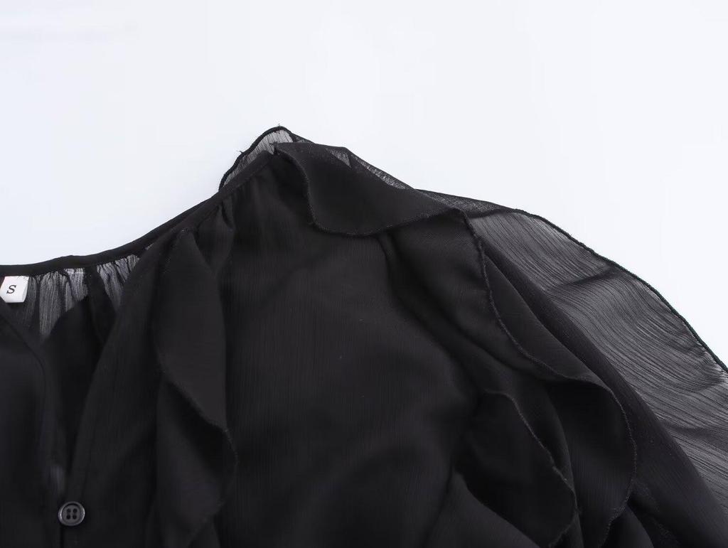 2025 Spring Women's European-American Layered V-neck Long-Sleeve Fashion Shirt