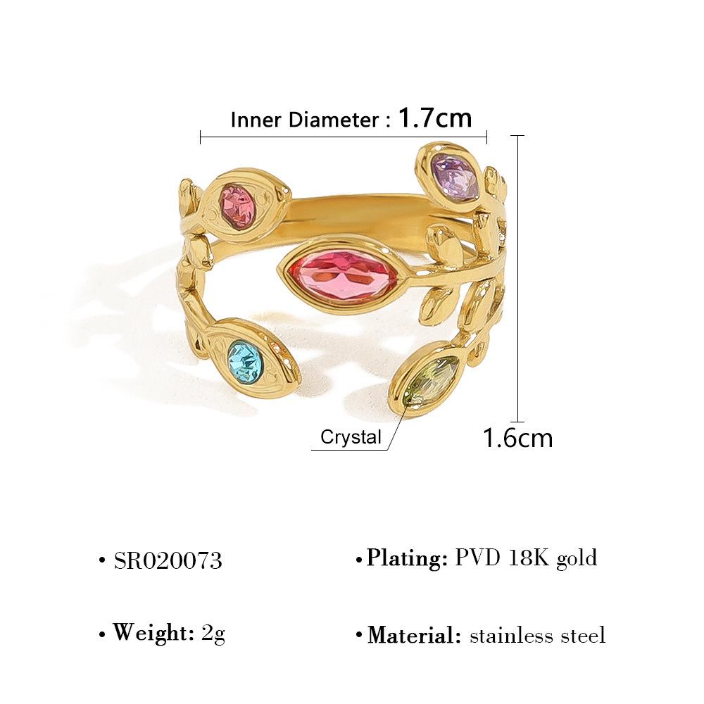 

Adjustable Gold Ring With Rainbow Zirconia Leaf Design French Open For Women Jewelry