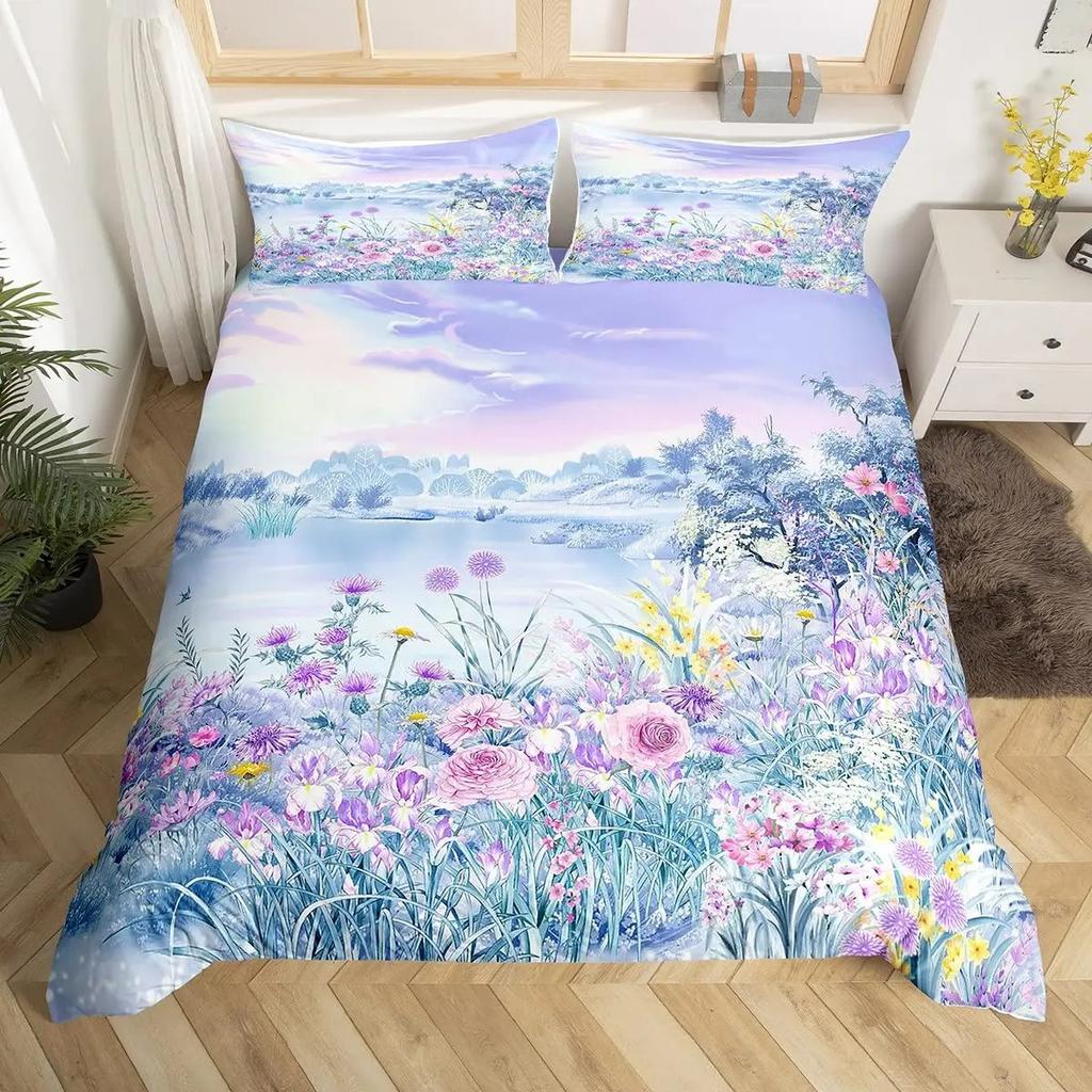Lavender King Queen Duvet Cover Purple Flower Butterfly Bedding Set Abstract Marble Floral Comforter Cover Polyester Quilt Cover